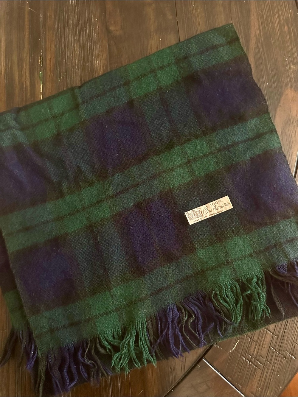 100% Cashmere Green & Navy Plaid Scarf